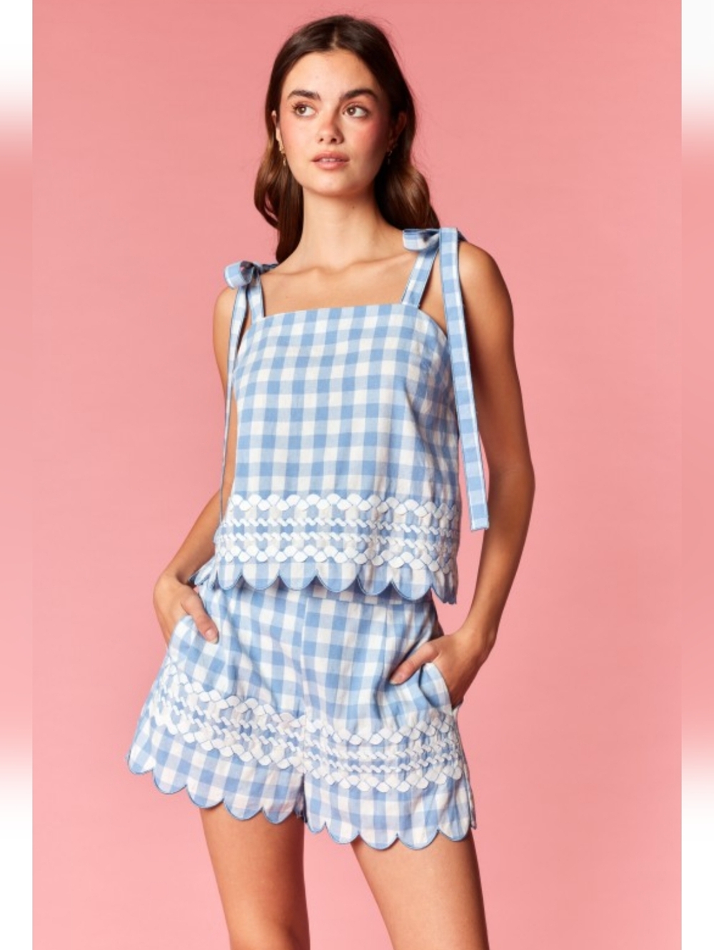 🩵 Blue Gingham Tie-Shoulder Top & Shorts Set